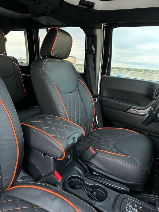 2015 2016 Fits JEEP WRANGLER JK CUSTOM LEATHER SEAT COVERS BLACK& Orange Diamond