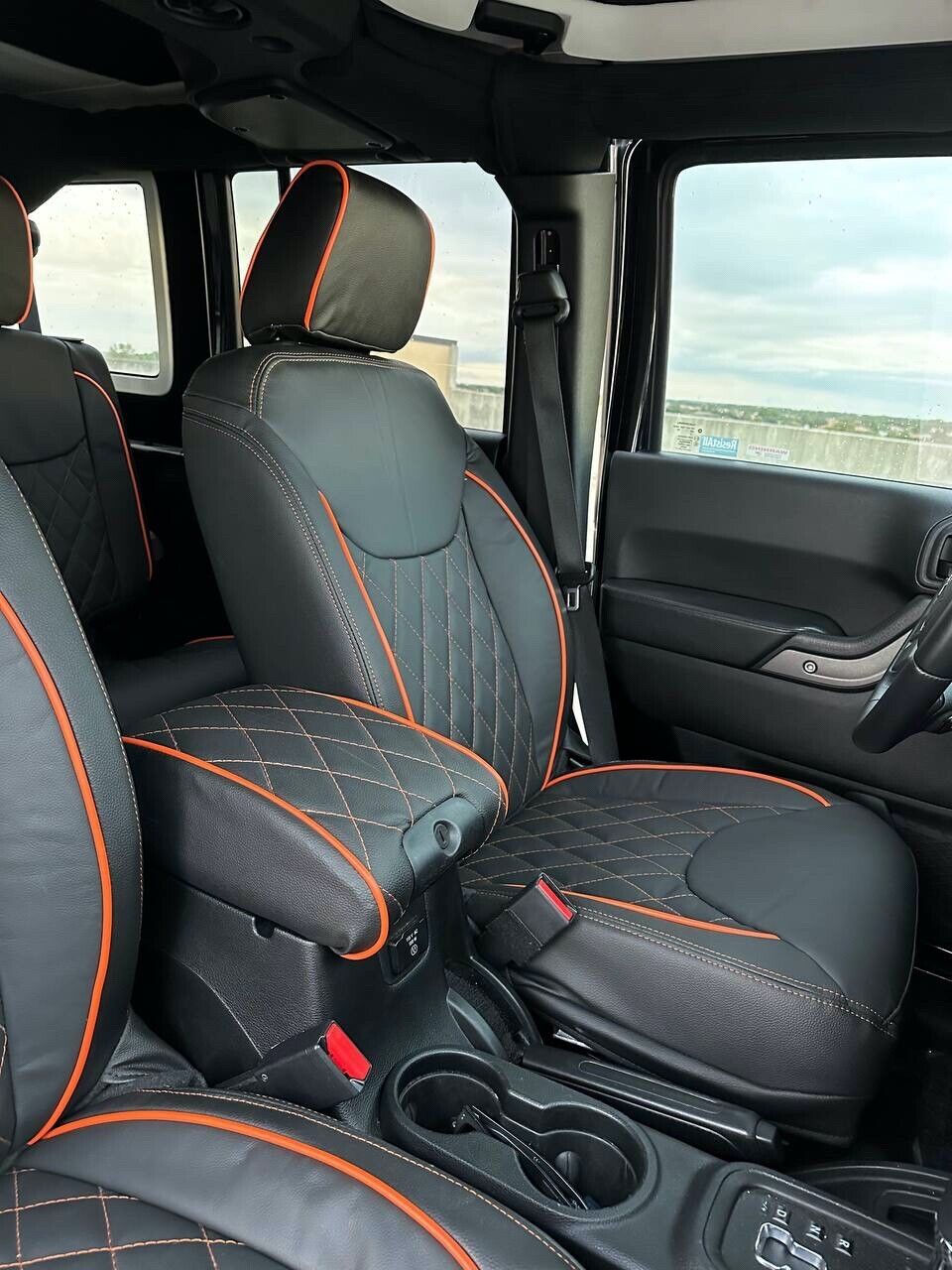 2015 2016 Fits JEEP WRANGLER JK CUSTOM LEATHER SEAT COVERS BLACK& Orange Diamond